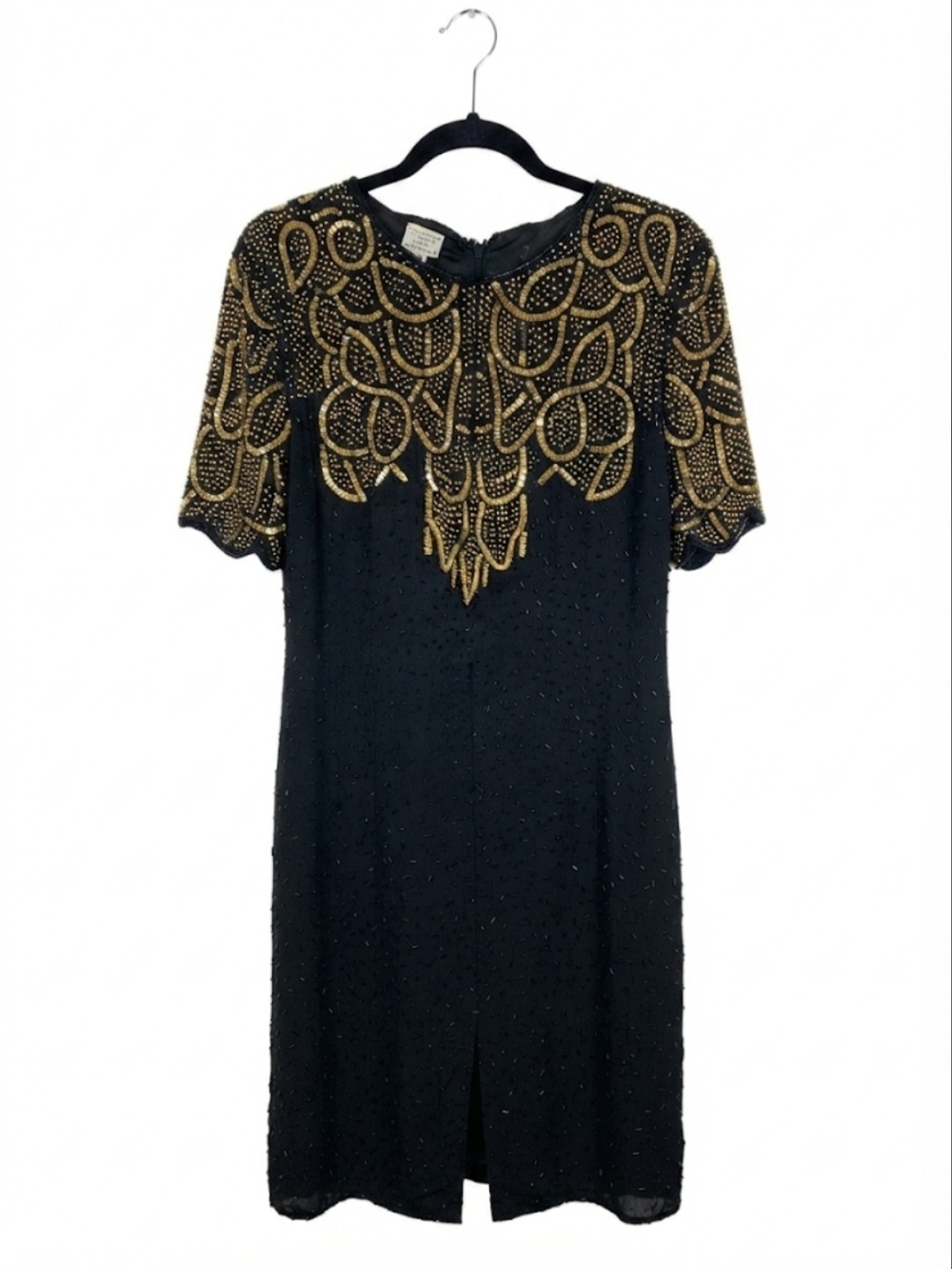 Vintage Black Silk Dress with Gold Beaded Embellishment - Women